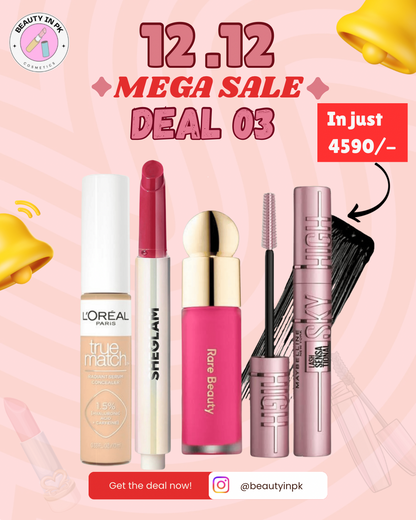 DEAL 03- (concealer, sheglam lip plumper, skyhigh mascara, rare beauty) ( shades will confirm on WhatsApp 03556346258 )