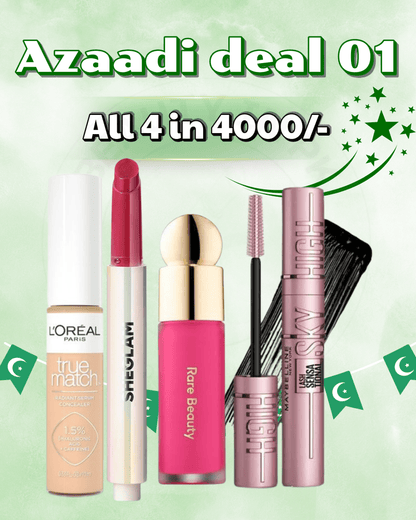 DEAL 03- (concealer, sheglam lip plumper, skyhigh mascara, rare beauty) ( shades will confirm on WhatsApp 03556346258 )