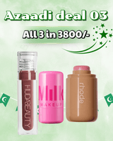 Deal 03 - HUDABEAUTY LIP GLOSS, MILK JELLY TINT, RHODE POCKET BLUSH. (shades will be confirm on whatsapp 03556346258 )