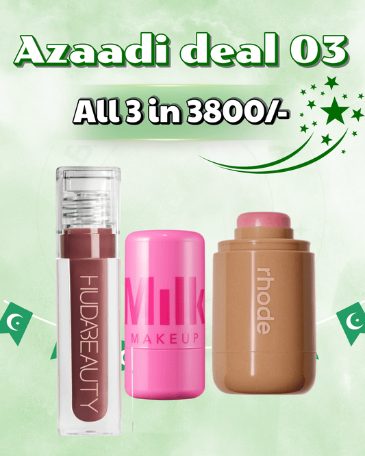 Deal 03 - HUDABEAUTY LIP GLOSS, MILK JELLY TINT, RHODE POCKET BLUSH. (shades will be confirm on whatsapp 03556346258 )