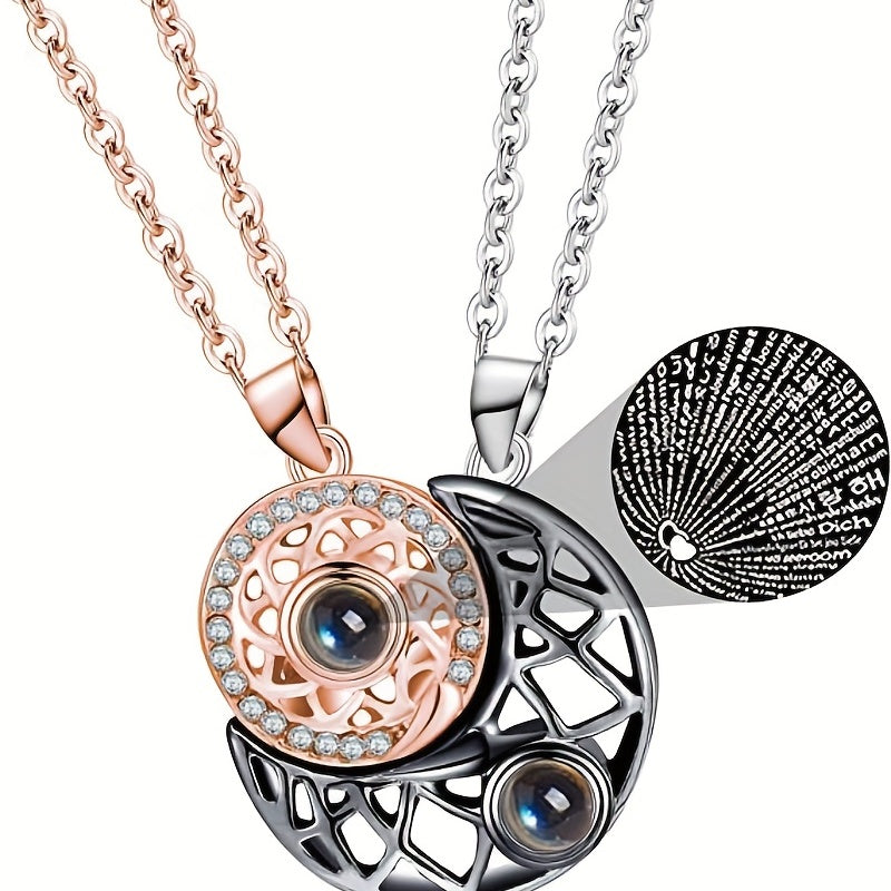 2PCS Couple Necklaces 100 Languages Sun And Moon Magnetic Pendant Love Memory Mzea
